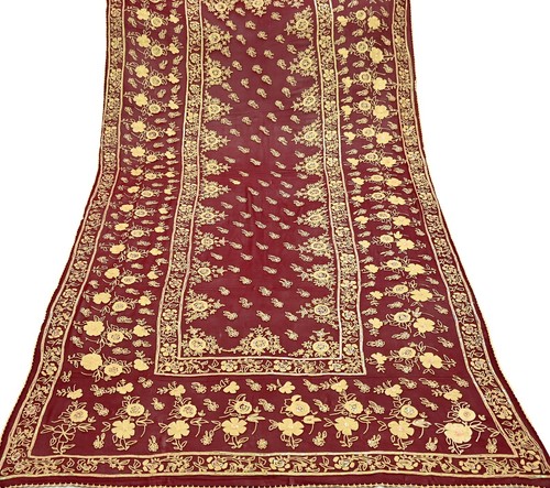 Vintage Dupatta Maroon Long Stole Pure Georgette Silk Hand Embroidered Scarves - Picture 20 of 20