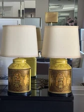 Pair Midcentury Marbro Tole Tea Canister Mounted Table Lamps & shades 29x17x13”