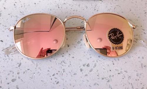 Ray Ban Round Women Sunglasses Classic Round Pink Mirror Flash Lens Gold Frame - Picture 8 of 10