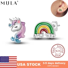 MULA 925 Sterling Silver Stud Earrings AAA CZ Rainbow Horse For Women Jewelry