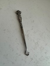 Antique Sterling Silver Handle Button Hook w/ Beaded  Fleur de Lis Design