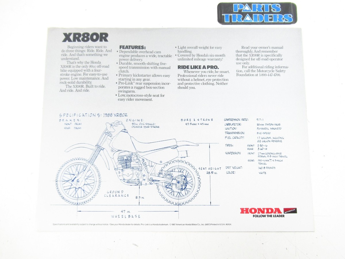 Genuine Honda Original Dealer Factory Sales Brochure XR80R 1988