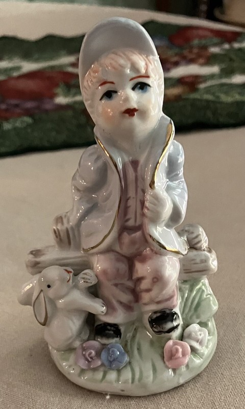 Porcelain Easter Boy Sitting On Fence With Bunny Rabbit Vintage Figurine 