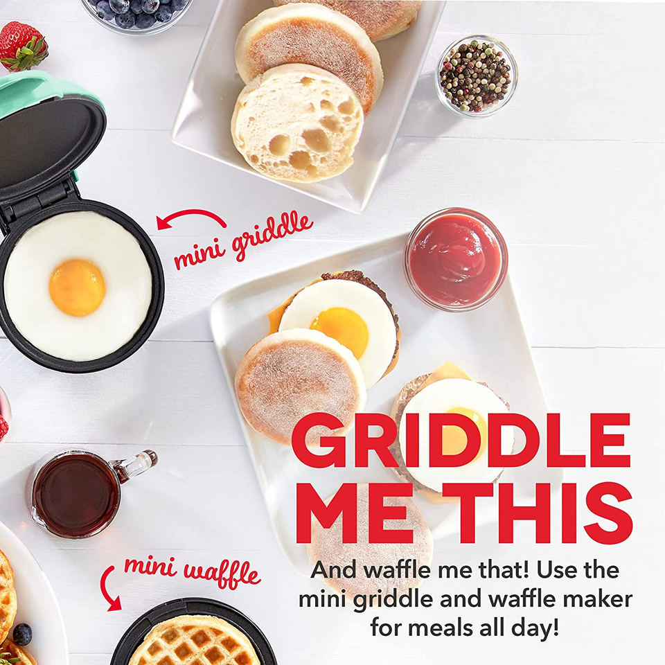 Mini Maker Waffle Maker + Griddle, 2Pack Griddle + Waffle Iron Aqua