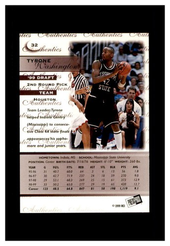 1999 PRESS PASS AUTHENTICS GOLD ROOKIE #32 TYRONE WASHINGTON - Picture 2 of 2