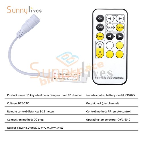 Dual color temperatures LED IR Remote Dimmer DC 5-24V LED Controller 15 Keys - Picture 10 of 11