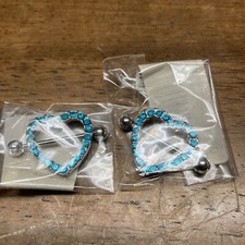 Pair Gem Paved Blue Hearts Nipple Rings 14G Surgical Steel Shield Barbell