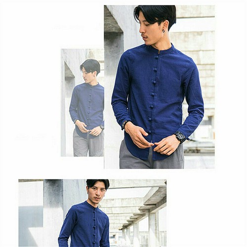 Men Ethnic Shirt Cotton Linen Plain Chinese Kung Fu Top Frog Button Retro - Picture 6 of 19