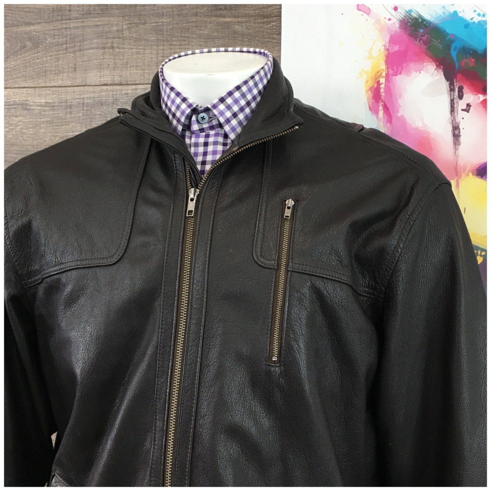 Basic Options Mens Leather Jacket Biker Size L Br… - image 2