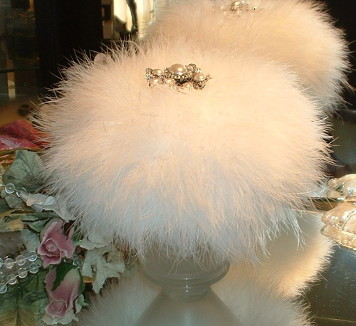 Big Down Feather Trimmed Puff w/ Perfumed Body Dusting Powder & Stand Vanity Set - Picture 2 of 6