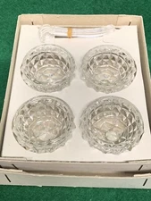 4 Vintage CLEAR GLASS CRYSTAL 1 1/2” SALT CELLAR DIPS w/4 Plastic Spoons Japan