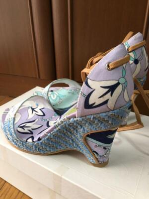 EMILIO PUCCI ミュール 36サイズ Emilio Pucci Laceup Wedge Sandals Blue Multicolor Size 36 Unused