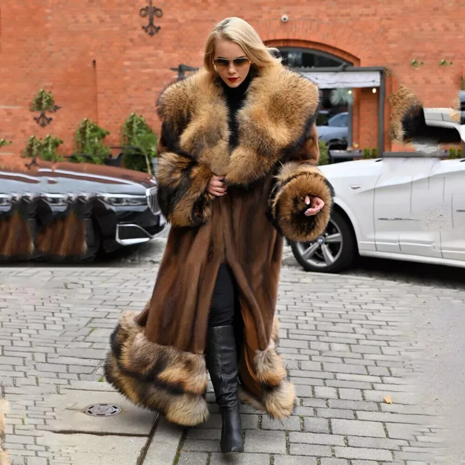 Maxi casaco longo feminino pele de vison real prata gola de pele de raposa acabamento todos os tamanhos pré-venda