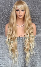 Human Hair Blend 40" Long Full Wig Heat OK Wavy Blonde mix bangs JSSH 27-613