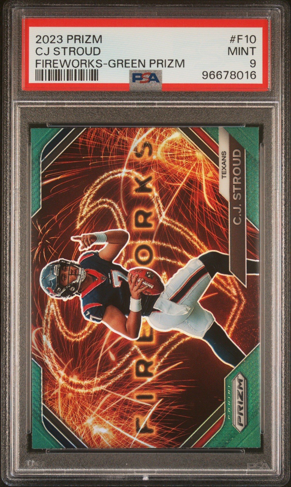 CJ Stroud RC - 2023 Prizm Fireworks Green Prizm #F-10 🔥 PSA 9 🔥 Texans Rookie