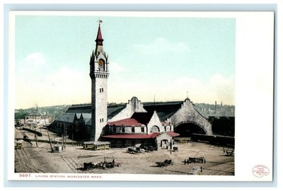 1905 Tranvia and Carriage, Union Station Worcester Massachusetts MA Postcard