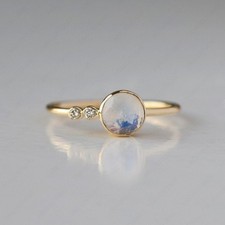 Moonstone & Diamond Engagement Ring, Solid 14k Yellow Gold Minimalist Jewelry