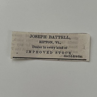 Joseph Battell Dealer Of Improved Stock Ripton VT 1867 Rutland Clipping TAJ7-S77