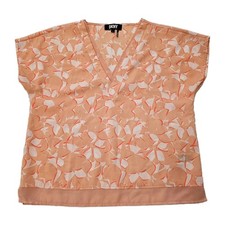 DKNY Orange Coral White Floral V-Neck Sheer Blouse Top Womens's Size M