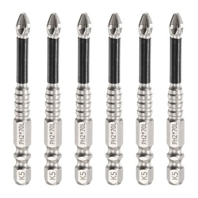6pcs Anti Slip Phillips Impact Screwdriver Bit PH2 1/4'' Hex Shank 2.76'' Magnetic