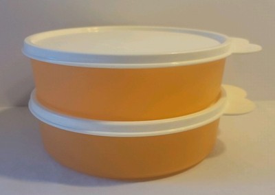 Tupperware #1405 Wonders Harvest Orange 6'' Containers White Lids X2