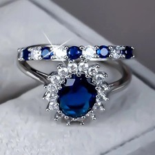 Round Cut 2.85Ct Blue Sapphire Halo Bridal Ring Set 14k White Gold Finish Size N