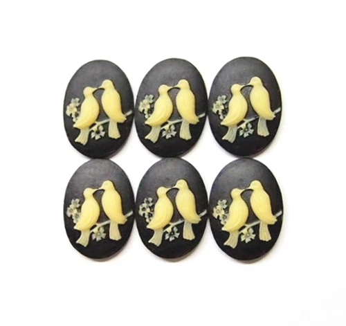 12 Vintage Cream over Black 25x18mm 2 Birds Sitting Branch Resin Cameos Cabochon
