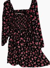 Old Navy Dress M Black Smocked Bodice Calico Floral Off Shoulder Whimsygoth