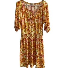 Floral Smocked Waist Midi Dress Tie Neck Cottagecore Boho Yellow Pink M