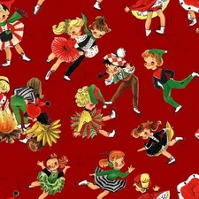 RETRO VINTAGE SKATERS RED CHRISTMAS HOLLY JOLLY MICHAEL MILLER COTTON FABRIC HY