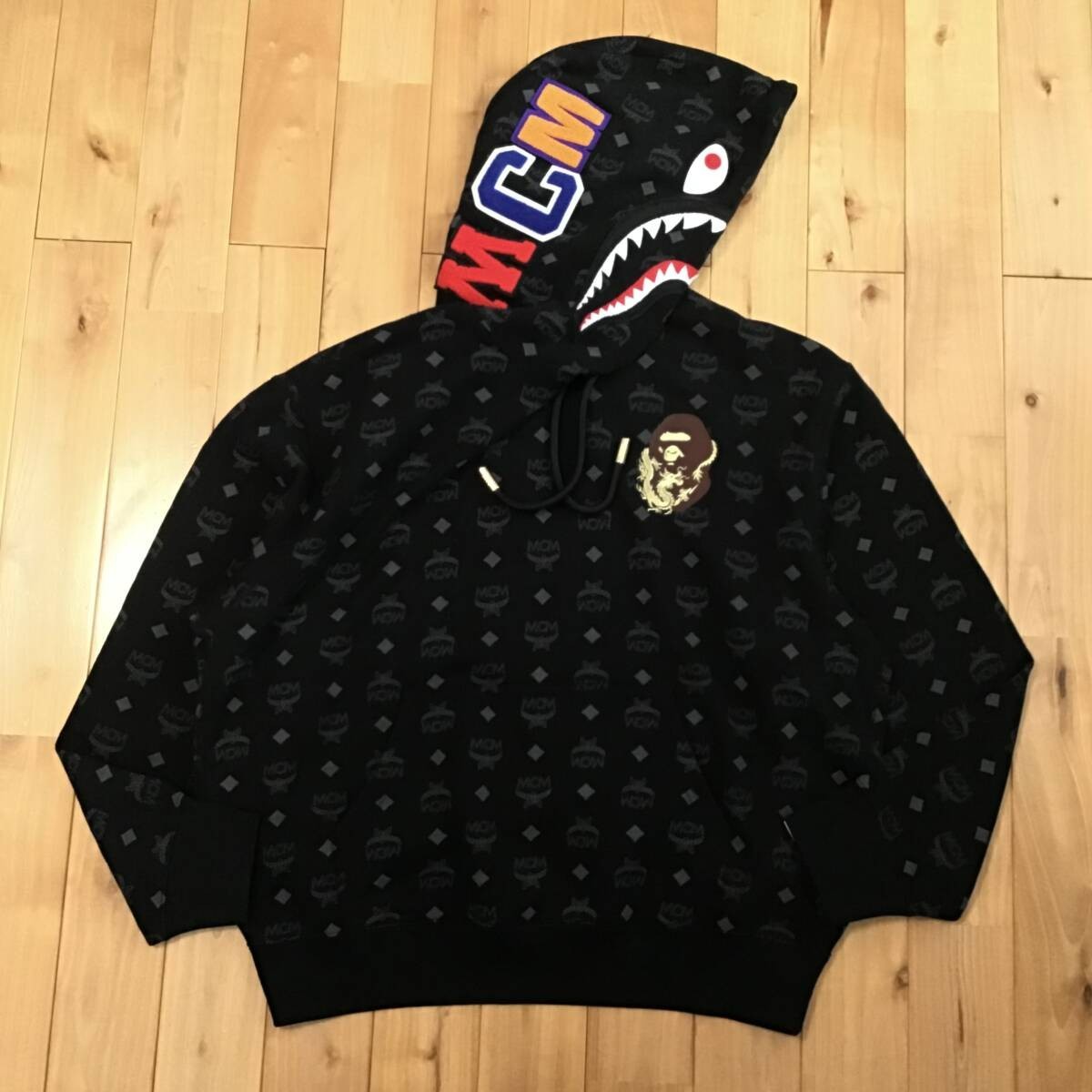 2024 MCM × BAPE monogram shark pullover hoodie Black A Bathing Ape