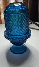 Vintage Viking Glass Bluenique Blue Diamond Point 2 Pc Fairy Lamp MCM Small Chip