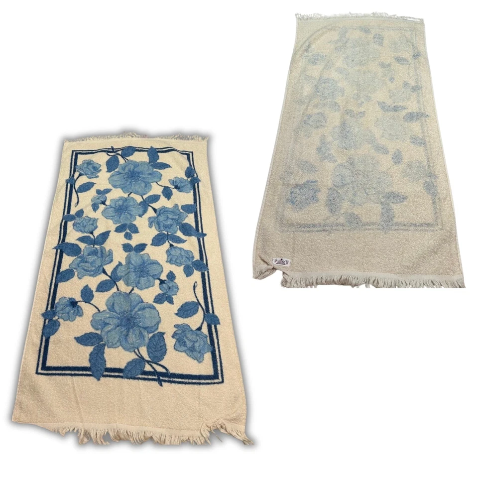 Vintage 70s CANNON Bath Towels Floral Retro Blue Yellow Fringe Cottagecore Trad - Image 3 of 4