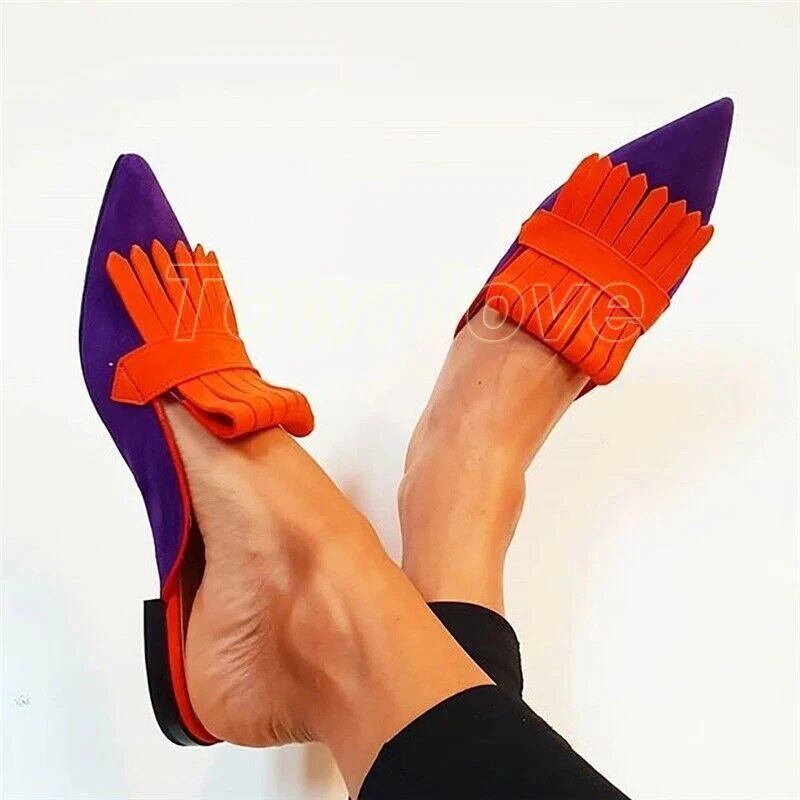 Sandálias femininas de salto baixo chinelos biqueira pontiaguda borla mulas planas sapatos de camurça sintética - Imagem 3 de 4