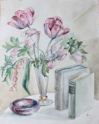 Stillleben mit Tulpen und Büchern Aquarell monogrammiert GB (19)43