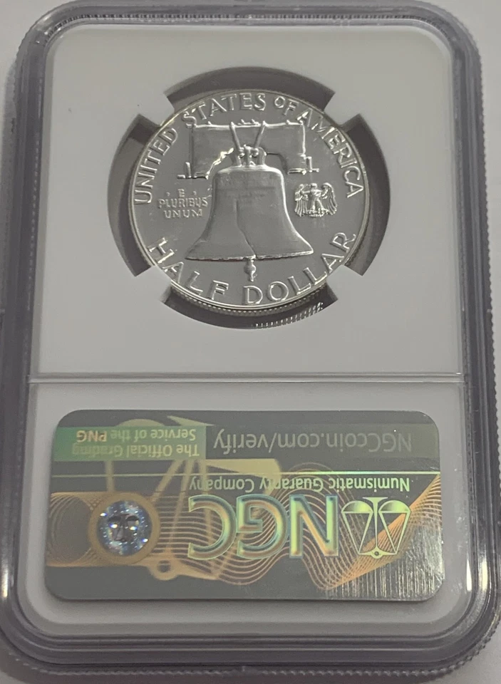 1957 NGC PF67 prata prova Franklin meio dólar 50c 90% prata etiqueta branca - Imagem 2 de 3