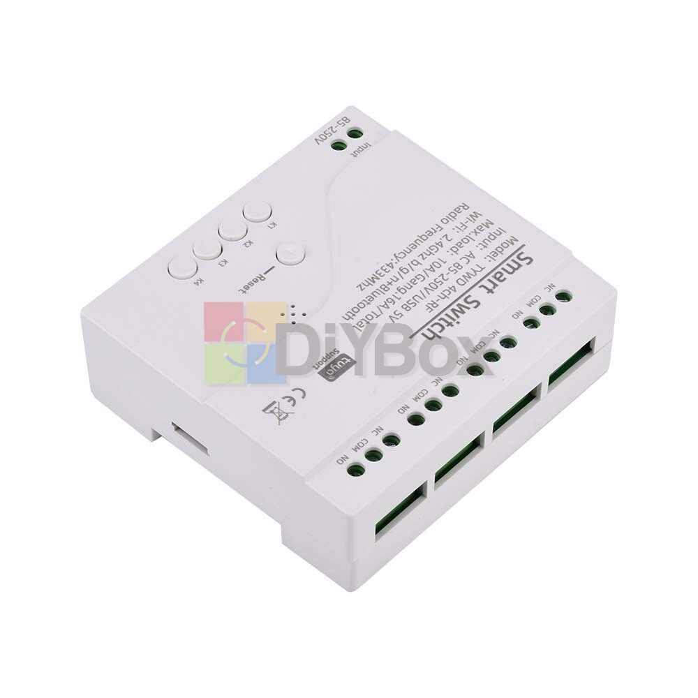 Modulo Switch Intelligente WiFi 4 Canali 433 MHz – Compatibile Tuya APP, Alimentazione 85V-250V O Micro USB 5V.