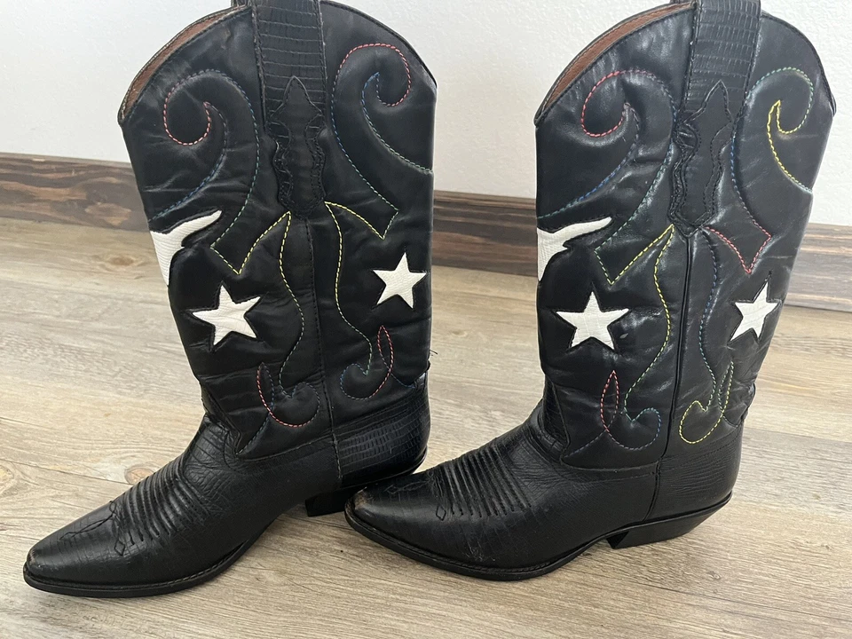 VTG Nine West Sz 6.5 Women Cowboy Boots Embroidered Western Leather Black Scuff - Image 2 of 4