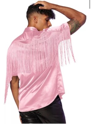 Men s Western Disco Dance Shirt Club Rave SM Satin Feel Shiny Fringe Pink Party