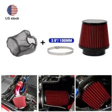 Red 4" 100mm Dry Air Filter Inlet Cold Air Intake Cone+Air Filter Dust Cover
