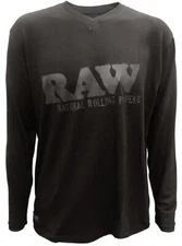 RAW Rolling Papers LONG SLEEVE VNECK BLACK SHIRT with BLACK RAW LOGO SIZE XLARGE