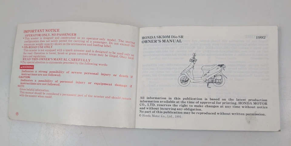 Honda 1992 SK50M  Dio SR Original Factory Owner's Manual Printed in Japan VGC - Image 3 of 4