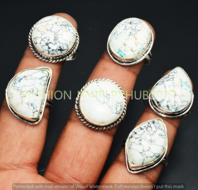 White Turquoise Gemstone Handmade Rings 5pcs Lot 925 Silver Plated Jewelry