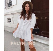 NWT ZARA ECRU EMBROIDERED LACE DRESS BUTTONED RUFFLE HEM 5770/022