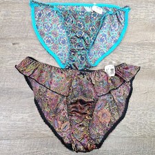Vintage New W/ Tags Flutter  String Bikini Panties Shiny Floral Satin Sedu Sz 7