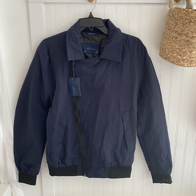 Zara Mens Basic Navy Blue Windbreaker Bomber Jacket Zipper Pocket Medium NEW