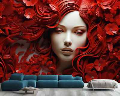 3D Relief Schönes Mädchen Rot AI Tapete Wandbild Abnehmbar Abziehbar Abziehen & Kleben