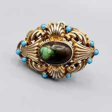 Antique Austro-Hungarian Green Persian Turquoise Gilt 800 Silver Oval Brooch