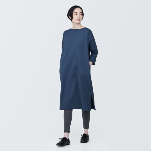 MUJI Womens Double Knitted 3/4 Sleeve Boat Neck Dress Navy FedEx - Picture 1 of 10