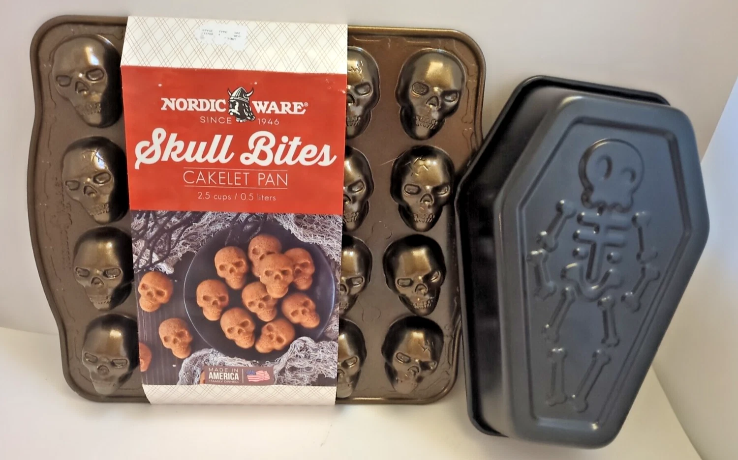 2 Pc Lot Nordic Ware Skull Bites Cakelet Pan and Skeleton Coffin Pan Cake Pans
